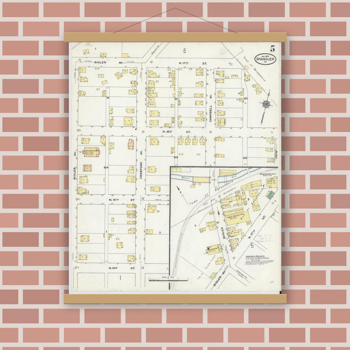 Old map wall art mockup — magnetic wood frame on brick wall — Sanborn Fire Insurance Map from Spangler, Cambria County, Pennsylvania (1910), Sheet #0005