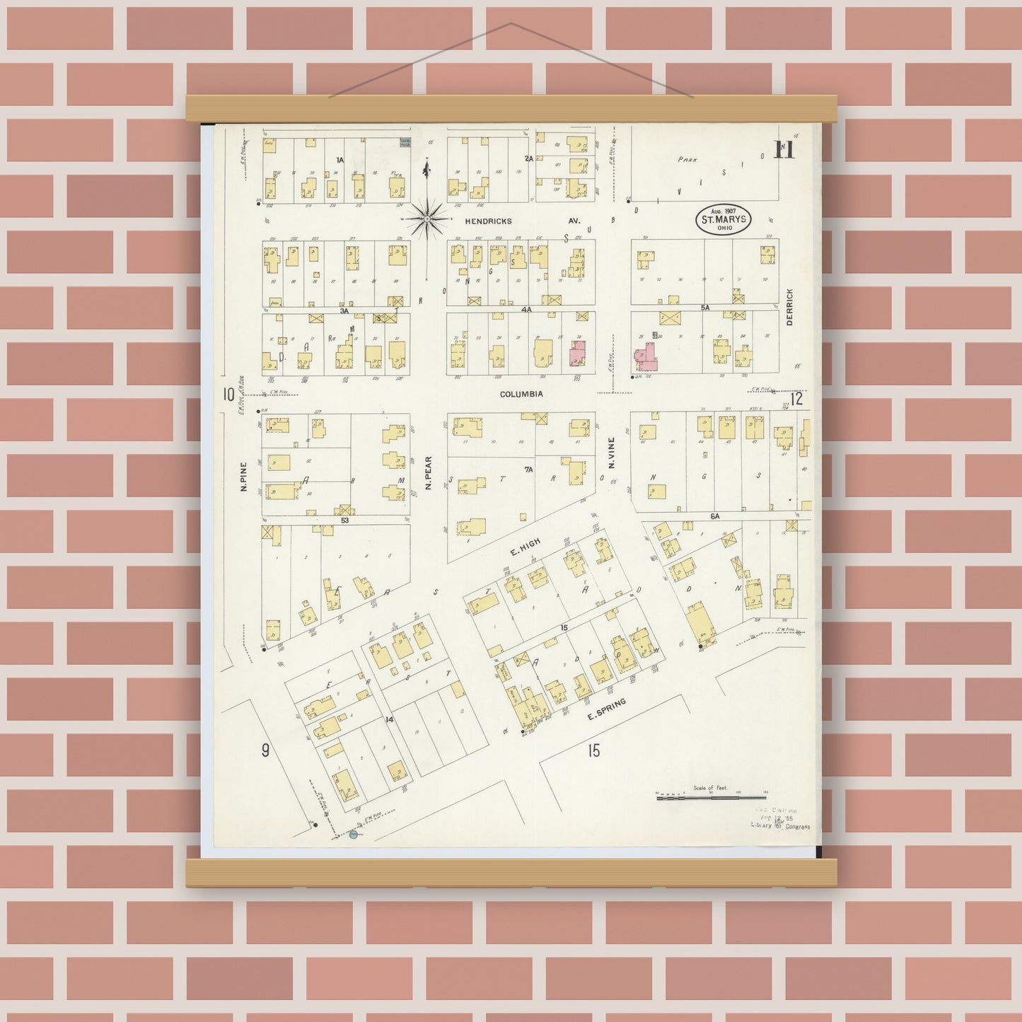 Old map wall art mockup — magnetic wood frame on brick wall — Sanborn Fire Insurance Map from Saint Marys, Auglaize County, Ohio (1907), Sheet #0011