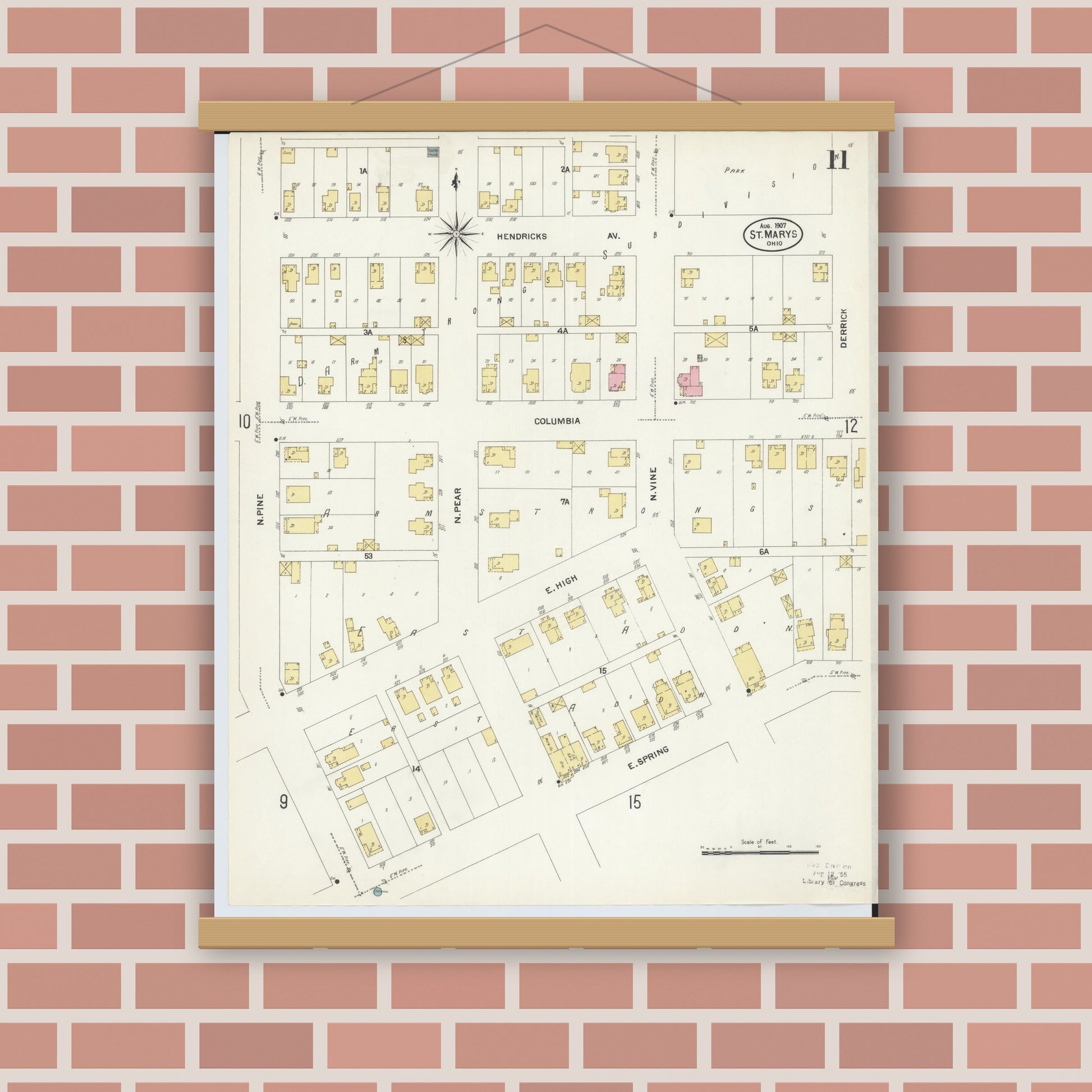 Old map wall art mockup — magnetic wood frame on brick wall — Sanborn Fire Insurance Map from Saint Marys, Auglaize County, Ohio (1907), Sheet #0011