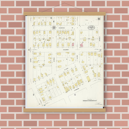Old map wall art mockup — magnetic wood frame on brick wall — Sanborn Fire Insurance Map from Saint Marys, Auglaize County, Ohio (1907), Sheet #0011