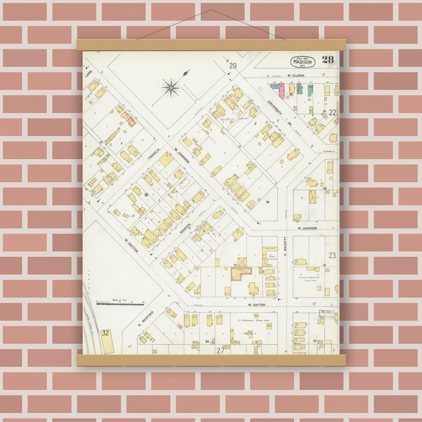 Old map wall art mockup — magnetic wood frame on brick wall — Sanborn Fire Insurance Map from Madison, Dane County, Wisconsin (1902), Sheet #0028