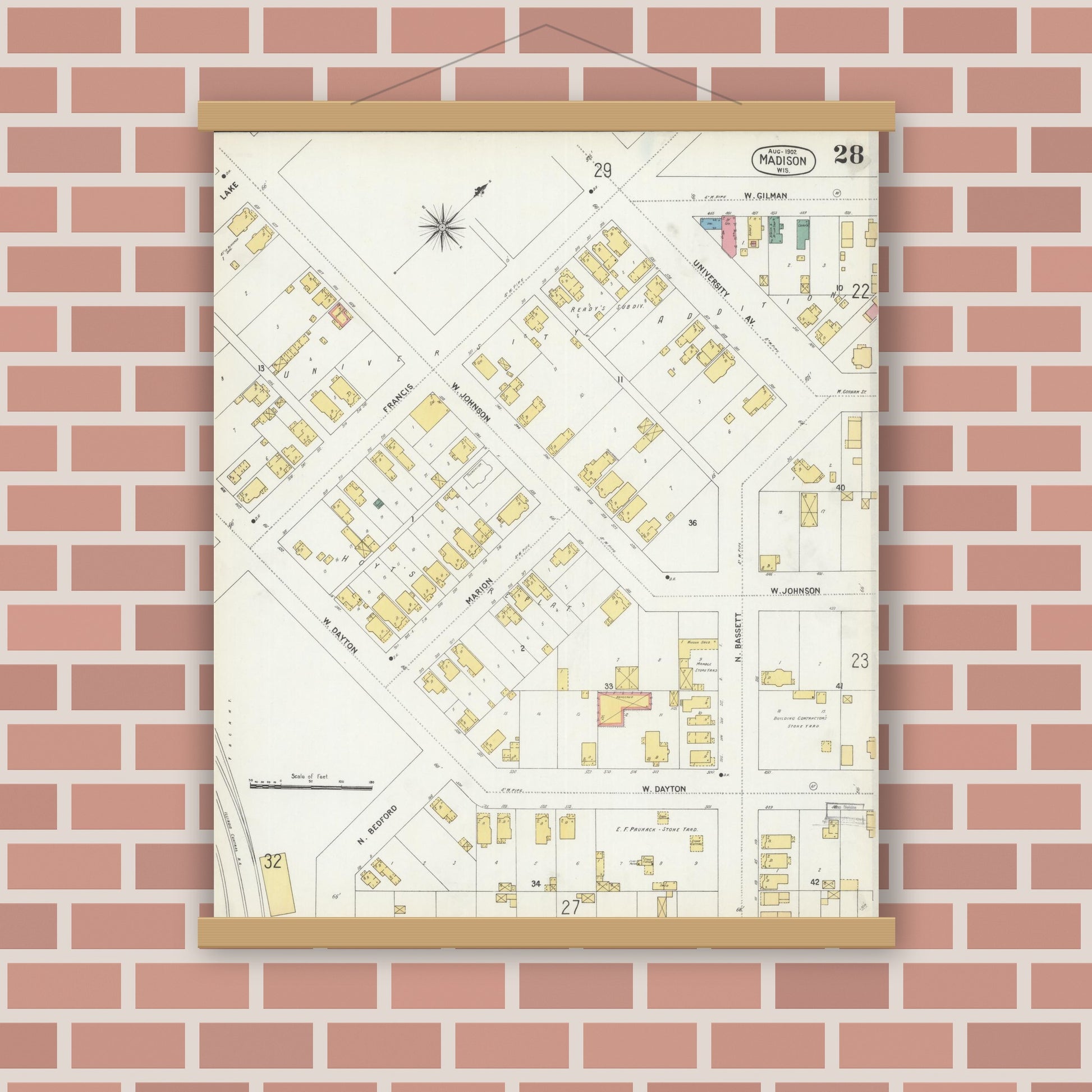 Old map wall art mockup — magnetic wood frame on brick wall — Sanborn Fire Insurance Map from Madison, Dane County, Wisconsin (1902), Sheet #0028