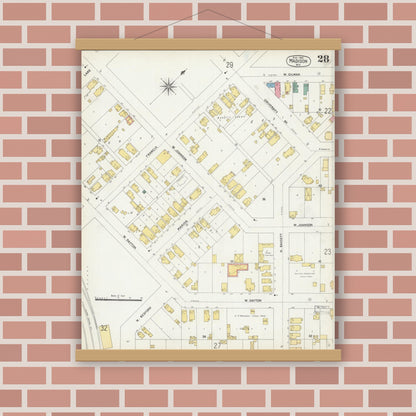 Old map wall art mockup — magnetic wood frame on brick wall — Sanborn Fire Insurance Map from Madison, Dane County, Wisconsin (1902), Sheet #0028