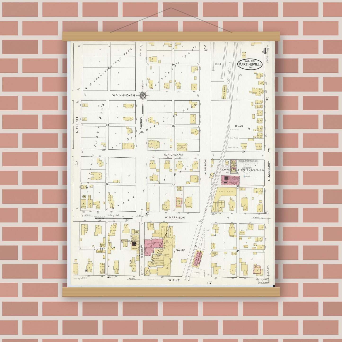 Old map wall art mockup — magnetic wood frame on brick wall — Sanborn Fire Insurance Map from Martinsville, Morgan County, Indiana (1916), Sheet #0004