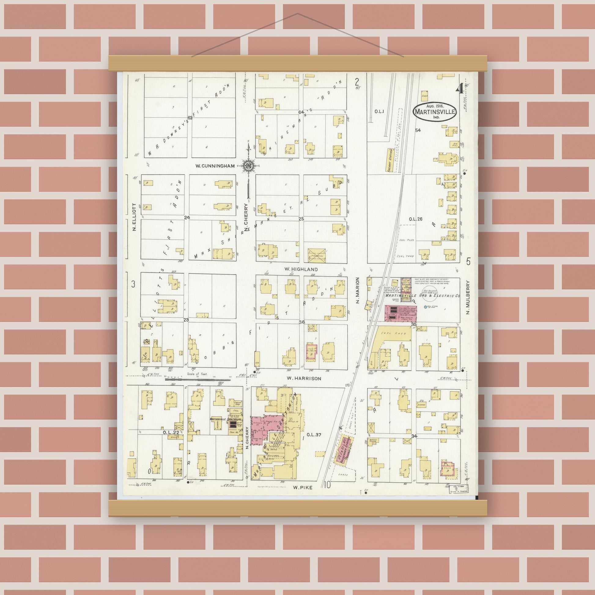 Old map wall art mockup — magnetic wood frame on brick wall — Sanborn Fire Insurance Map from Martinsville, Morgan County, Indiana (1916), Sheet #0004