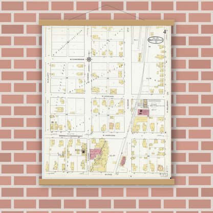 Old map wall art mockup — magnetic wood frame on brick wall — Sanborn Fire Insurance Map from Martinsville, Morgan County, Indiana (1916), Sheet #0004