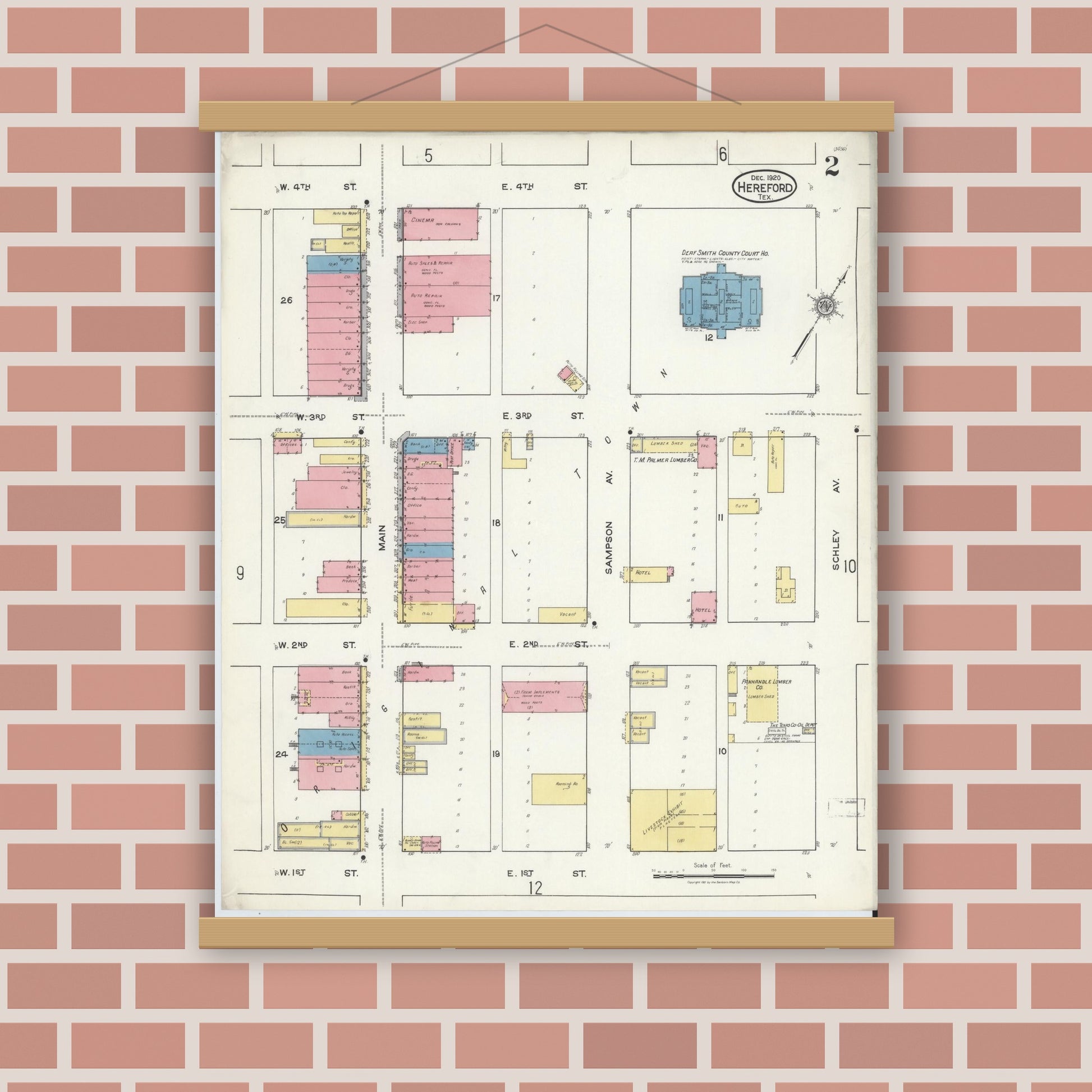Old map wall art mockup — magnetic wood frame on brick wall — Sanborn Fire Insurance Map from Hereford, Deaf Smith County, Texas (1920), Sheet #0002