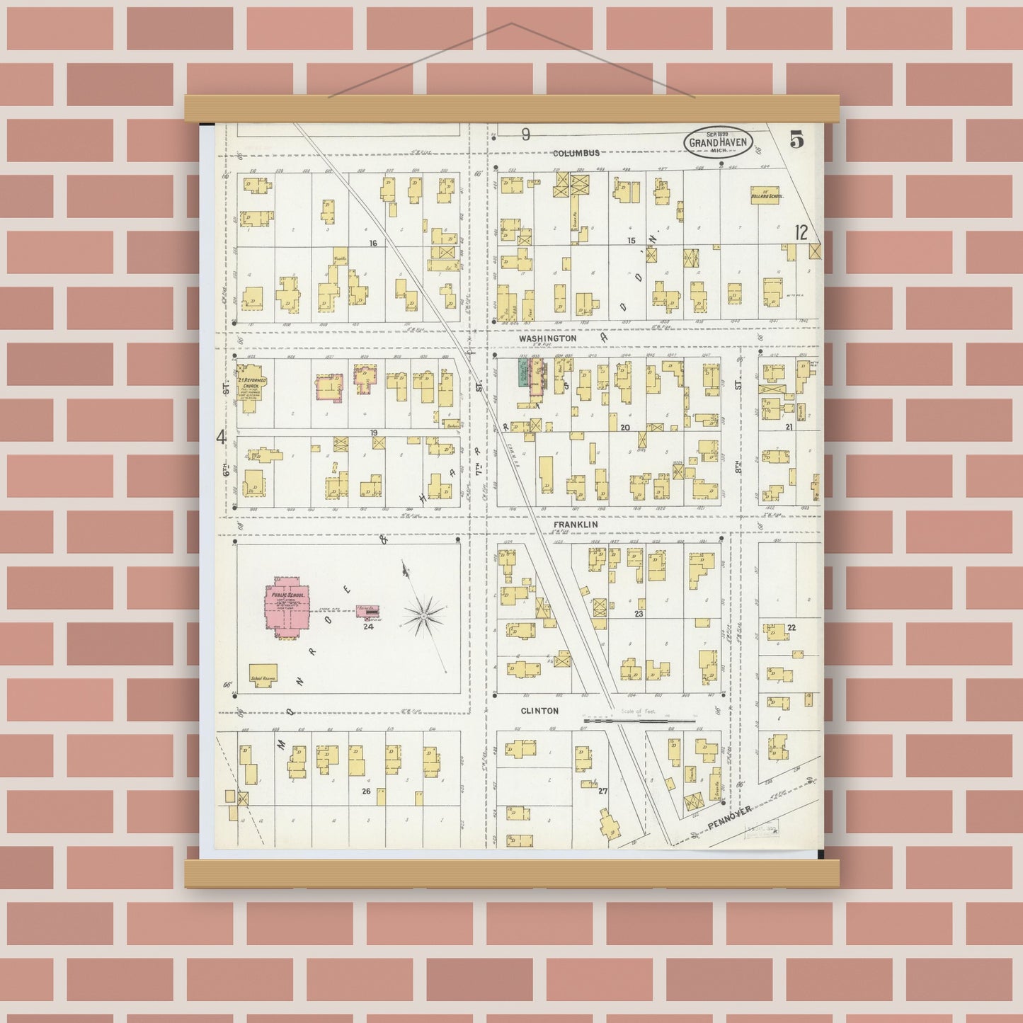 Old map wall art mockup — magnetic wood frame on brick wall — Sanborn Fire Insurance Map from Grand Haven, Ottawa County, Michigan (1899), Sheet #0005