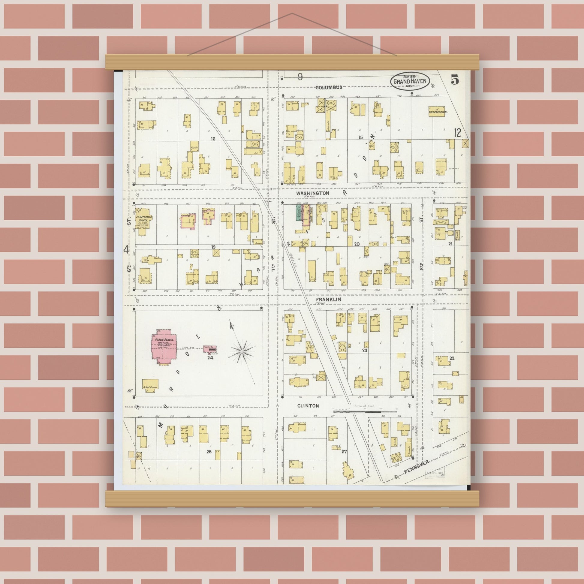 Old map wall art mockup — magnetic wood frame on brick wall — Sanborn Fire Insurance Map from Grand Haven, Ottawa County, Michigan (1899), Sheet #0005