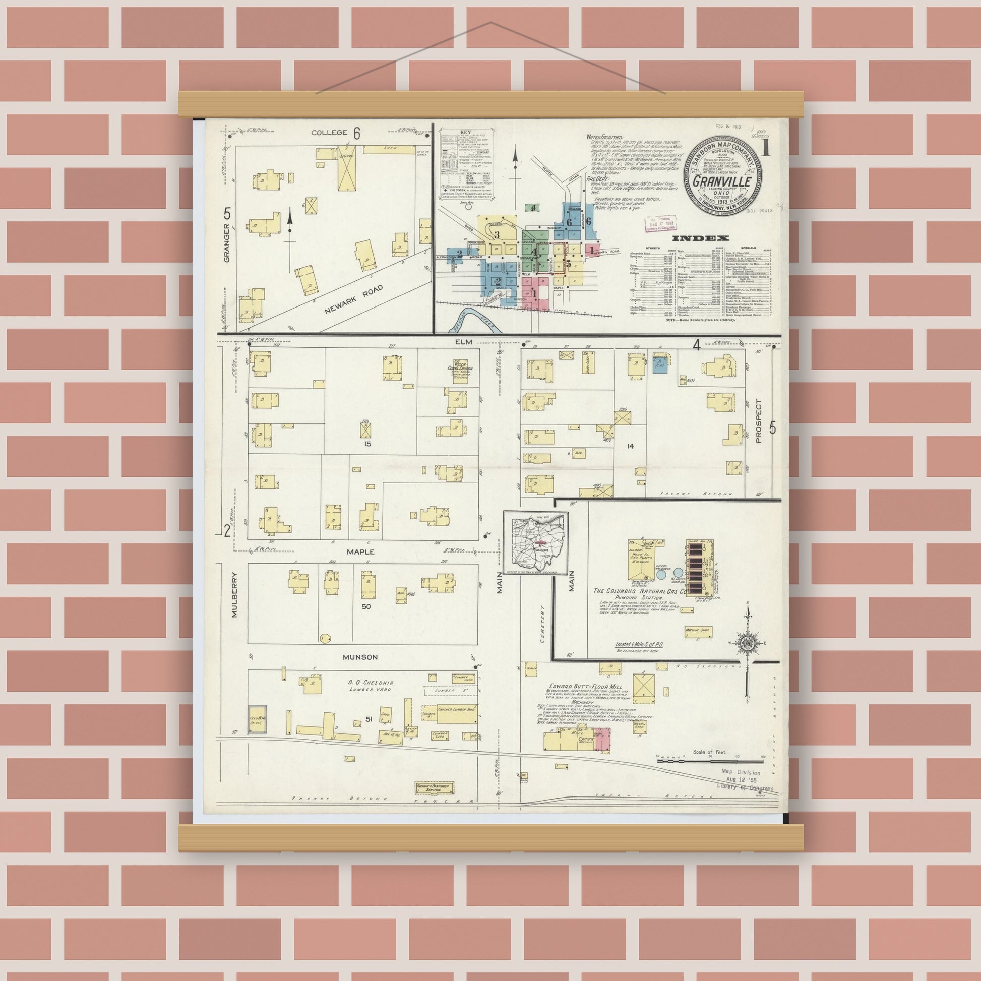 Old map wall art mockup — magnetic wood frame on brick wall — Sanborn Fire Insurance Map from Granville, Licking County, Ohio (1913), Sheet #0001