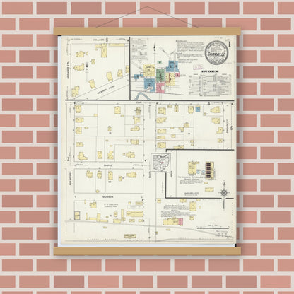 Old map wall art mockup — magnetic wood frame on brick wall — Sanborn Fire Insurance Map from Granville, Licking County, Ohio (1913), Sheet #0001