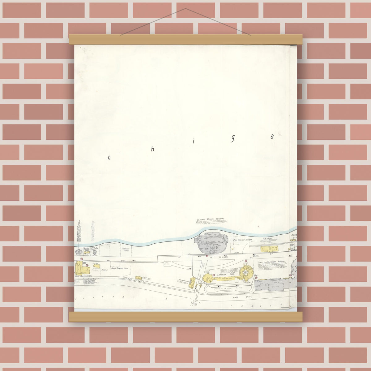 Old map wall art mockup — magnetic wood frame on brick wall — Sanborn Fire Insurance Map from Chicago, Cook County, Illinois (Unknown), Sheet #0004