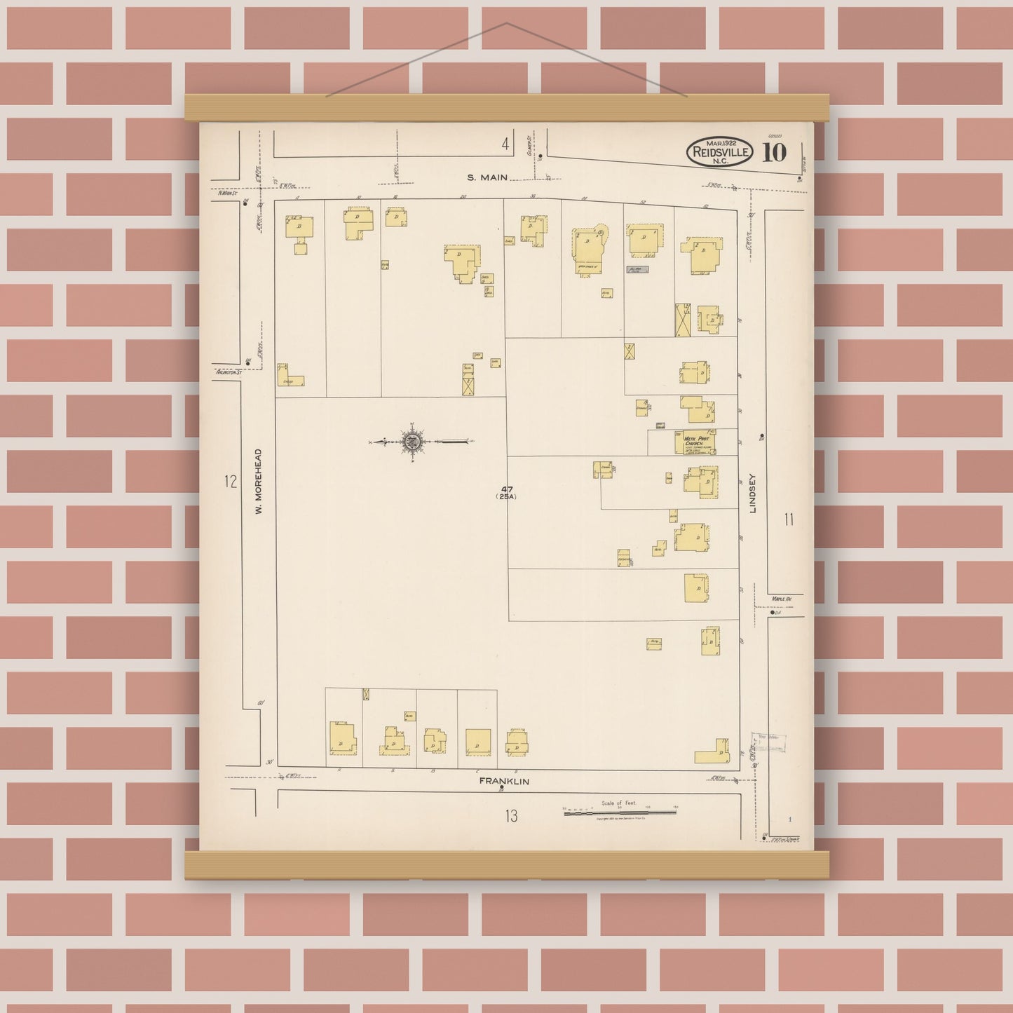 Old map wall art mockup — magnetic wood frame on brick wall — Sanborn Fire Insurance Map from Reidsville, Rockingham County, North Carolina (1922), Sheet #0010
