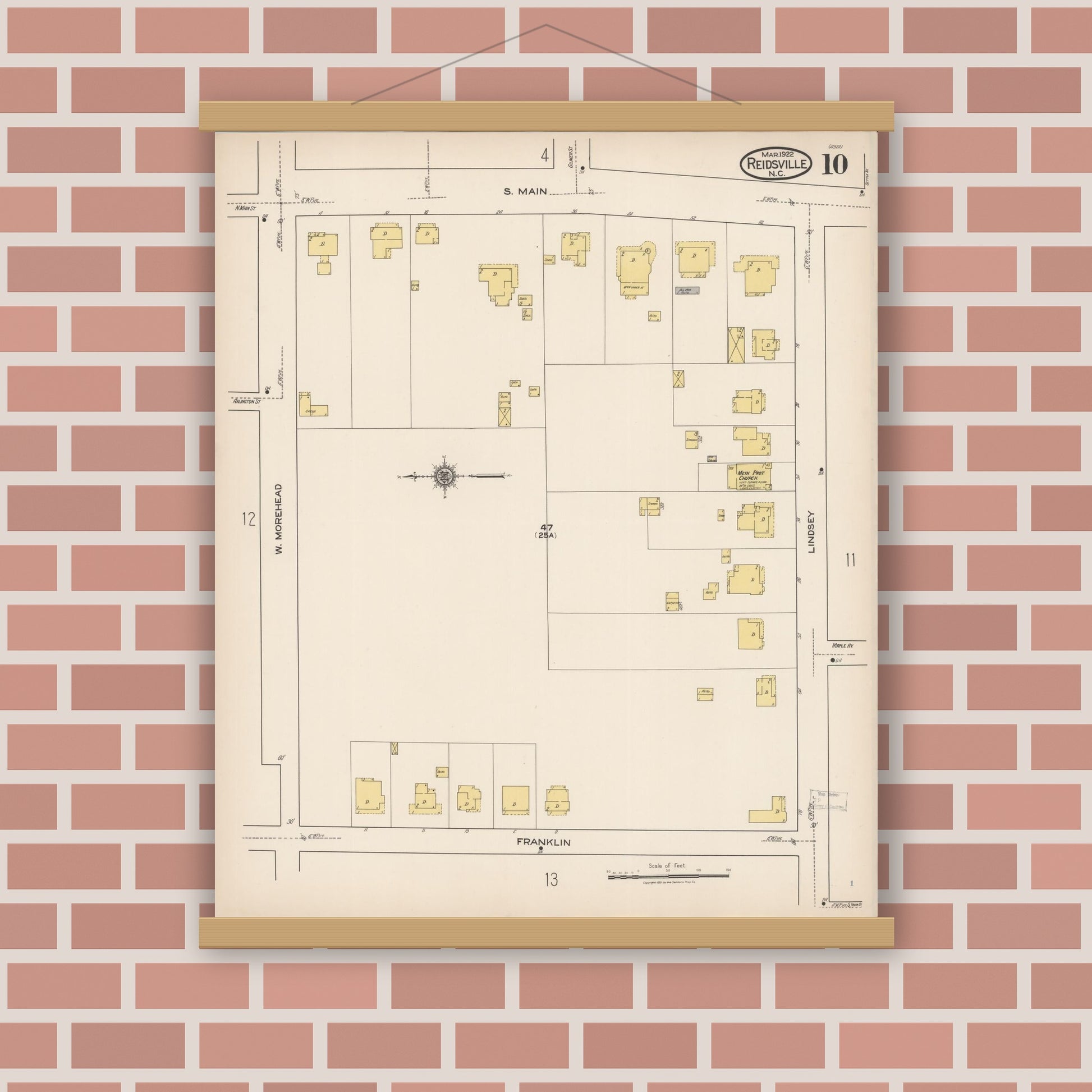 Old map wall art mockup — magnetic wood frame on brick wall — Sanborn Fire Insurance Map from Reidsville, Rockingham County, North Carolina (1922), Sheet #0010