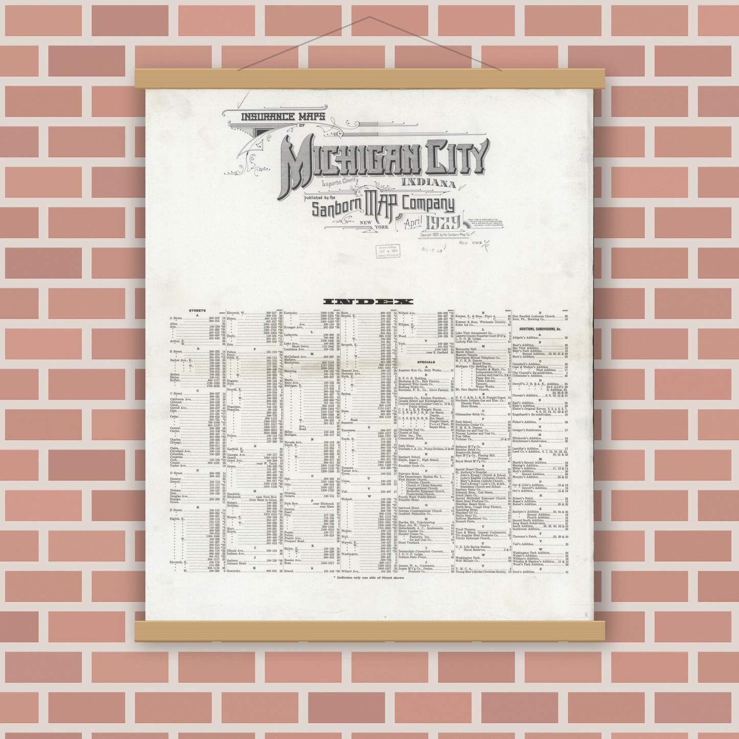 Old map wall art mockup — magnetic wood frame on brick wall — Sanborn Fire Insurance Map from Michigan City, La Porte County, Indiana (1929), Sheet #0001