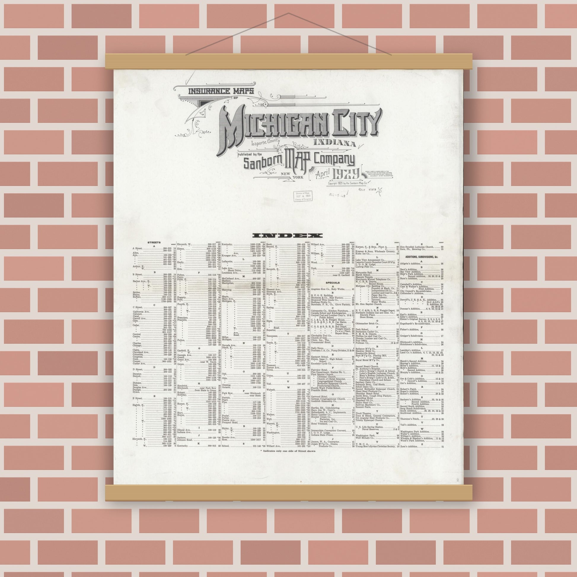 Old map wall art mockup — magnetic wood frame on brick wall — Sanborn Fire Insurance Map from Michigan City, La Porte County, Indiana (1929), Sheet #0001
