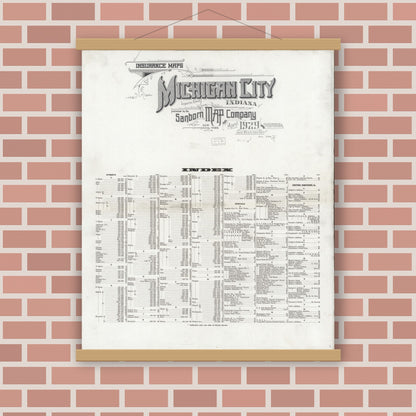 Old map wall art mockup — magnetic wood frame on brick wall — Sanborn Fire Insurance Map from Michigan City, La Porte County, Indiana (1929), Sheet #0001