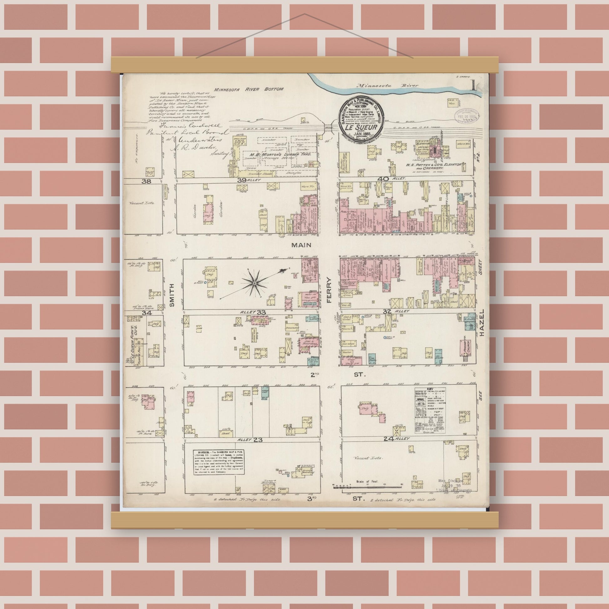 Old map wall art mockup — magnetic wood frame on brick wall — Sanborn Fire Insurance Map from Le Sueur, Le Sueur County, Minnesota (1885), Sheet #0001