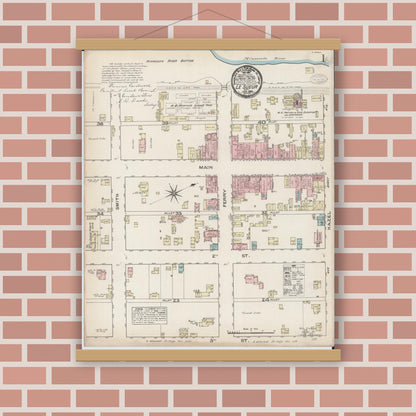Old map wall art mockup — magnetic wood frame on brick wall — Sanborn Fire Insurance Map from Le Sueur, Le Sueur County, Minnesota (1885), Sheet #0001