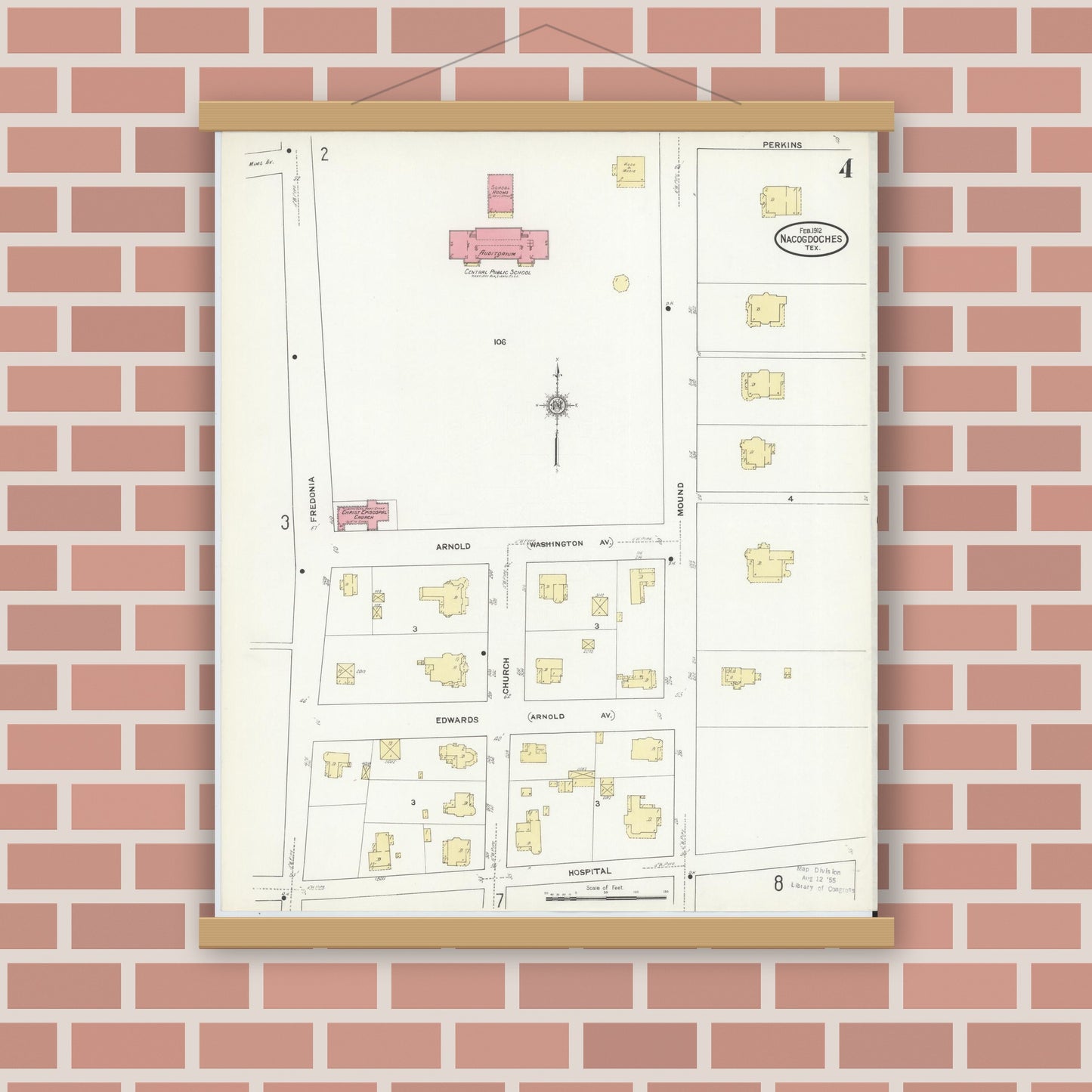 Old map wall art mockup — magnetic wood frame on brick wall — Sanborn Fire Insurance Map from Nacogdoches, Nacogdoches County, Texas (1912), Sheet #0004