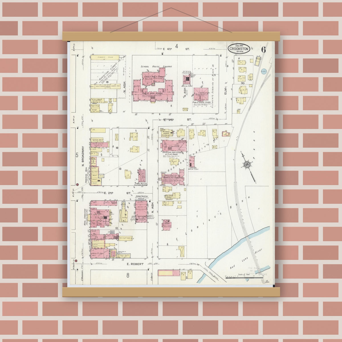 Old map wall art mockup — magnetic wood frame on brick wall — Sanborn Fire Insurance Map from Crookston, Polk County, Minnesota (1913), Sheet #0006