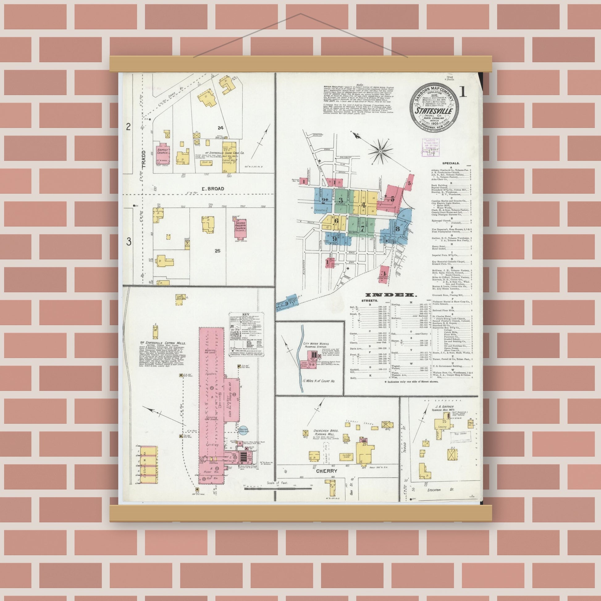 Old map wall art mockup — magnetic wood frame on brick wall — Sanborn Fire Insurance Map from Statesville, Iredell County, North Carolina (1905), Sheet #0001
