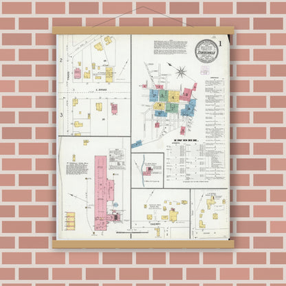 Old map wall art mockup — magnetic wood frame on brick wall — Sanborn Fire Insurance Map from Statesville, Iredell County, North Carolina (1905), Sheet #0001