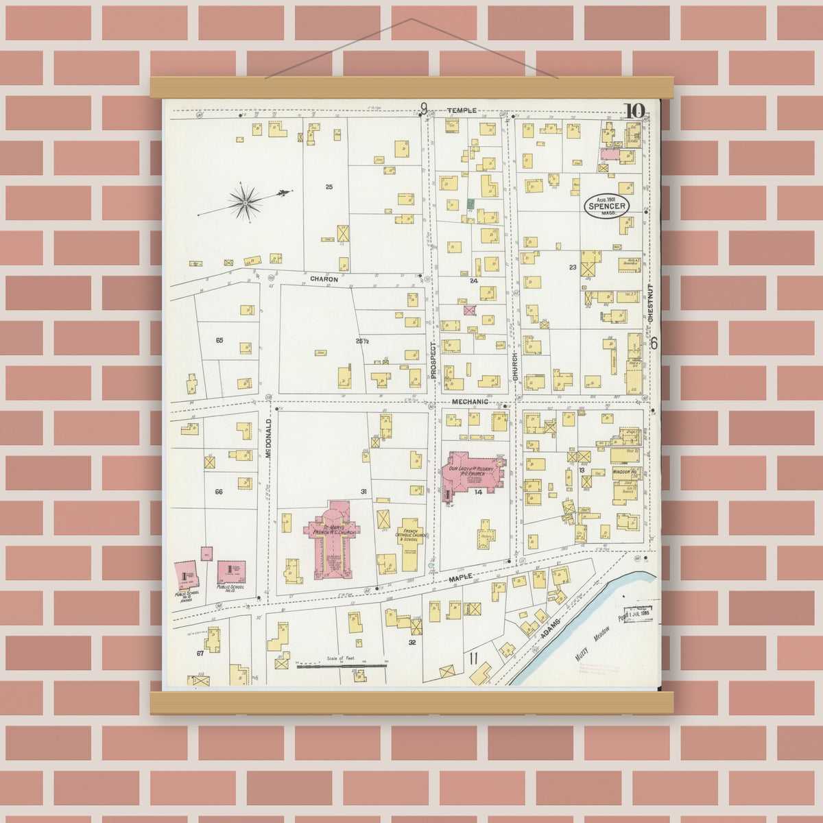 Old map wall art mockup — magnetic wood frame on brick wall — Sanborn Fire Insurance Map from Spencer, Worcester County, Massachusetts (1901), Sheet #0010