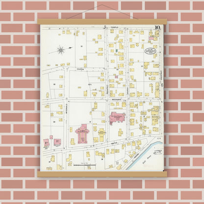Old map wall art mockup — magnetic wood frame on brick wall — Sanborn Fire Insurance Map from Spencer, Worcester County, Massachusetts (1901), Sheet #0010