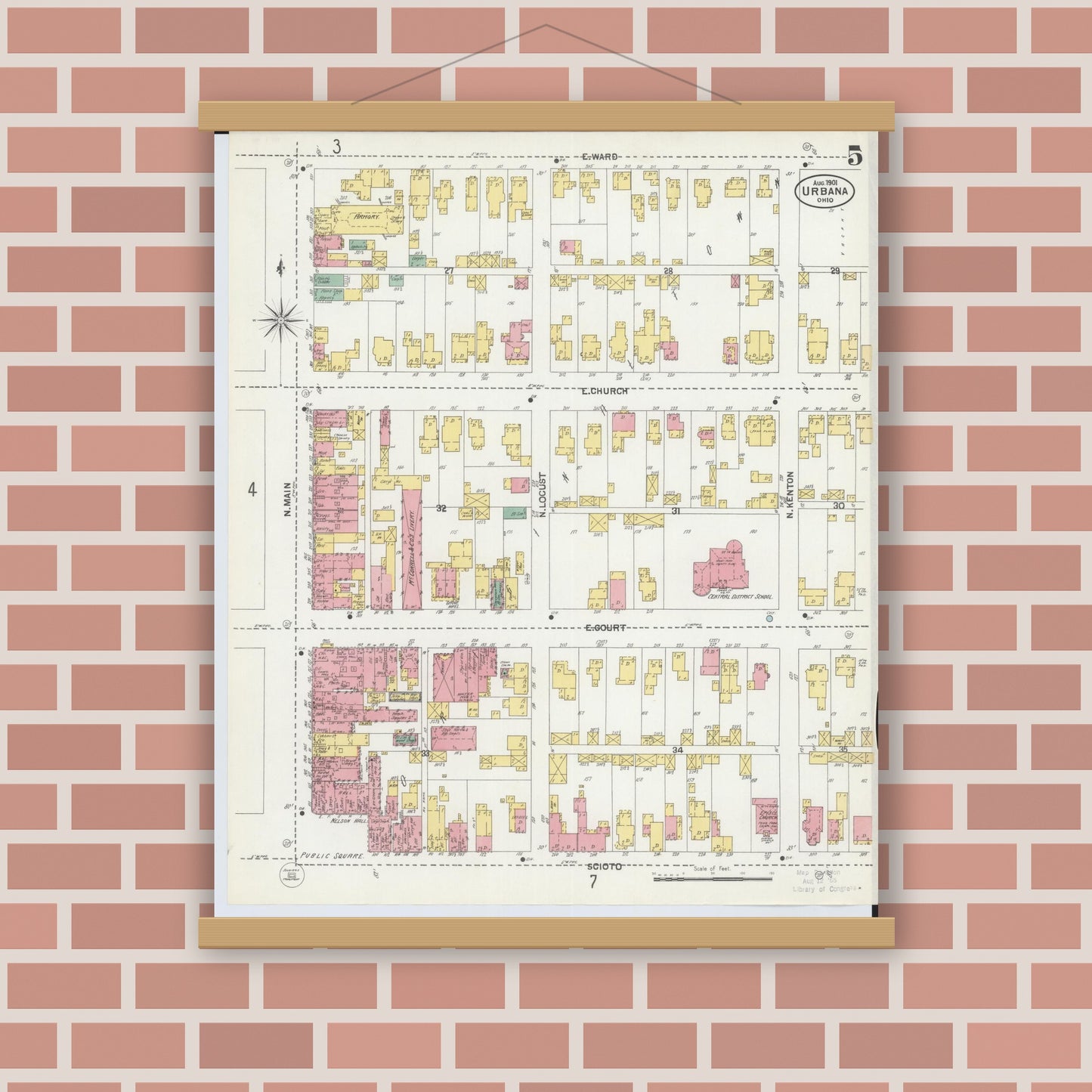 Old map wall art mockup — magnetic wood frame on brick wall — Sanborn Fire Insurance Map from Urbana, Champaign County, Ohio (1901), Sheet #0005