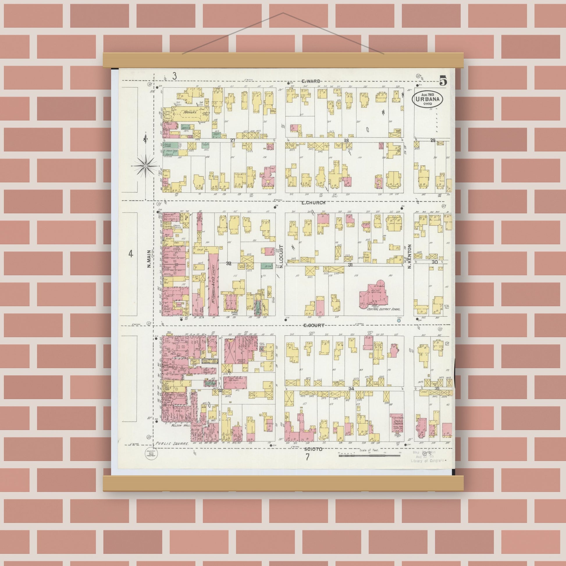 Old map wall art mockup — magnetic wood frame on brick wall — Sanborn Fire Insurance Map from Urbana, Champaign County, Ohio (1901), Sheet #0005