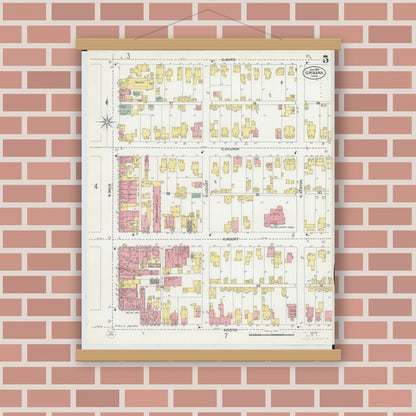 Old map wall art mockup — magnetic wood frame on brick wall — Sanborn Fire Insurance Map from Urbana, Champaign County, Ohio (1901), Sheet #0005