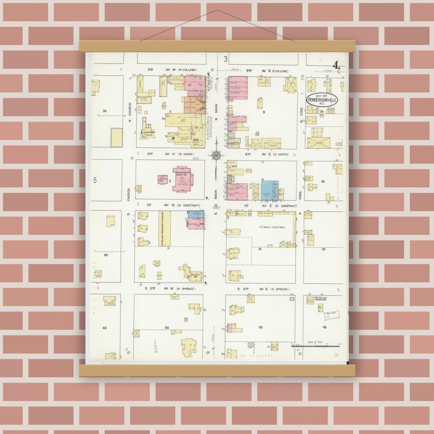 Old map wall art mockup — magnetic wood frame on brick wall — Sanborn Fire Insurance Map from Hendersonville, Henderson County, North Carolina (1912), Sheet #0004