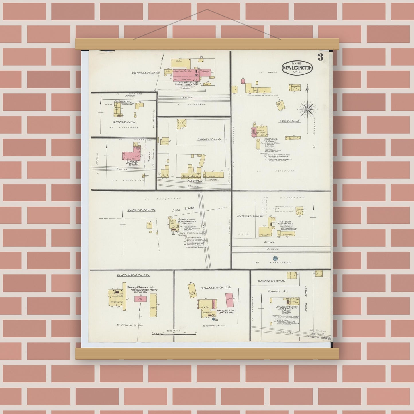 Old map wall art mockup — magnetic wood frame on brick wall — Sanborn Fire Insurance Map from New Lexington, Perry County, Ohio (1893), Sheet #0003