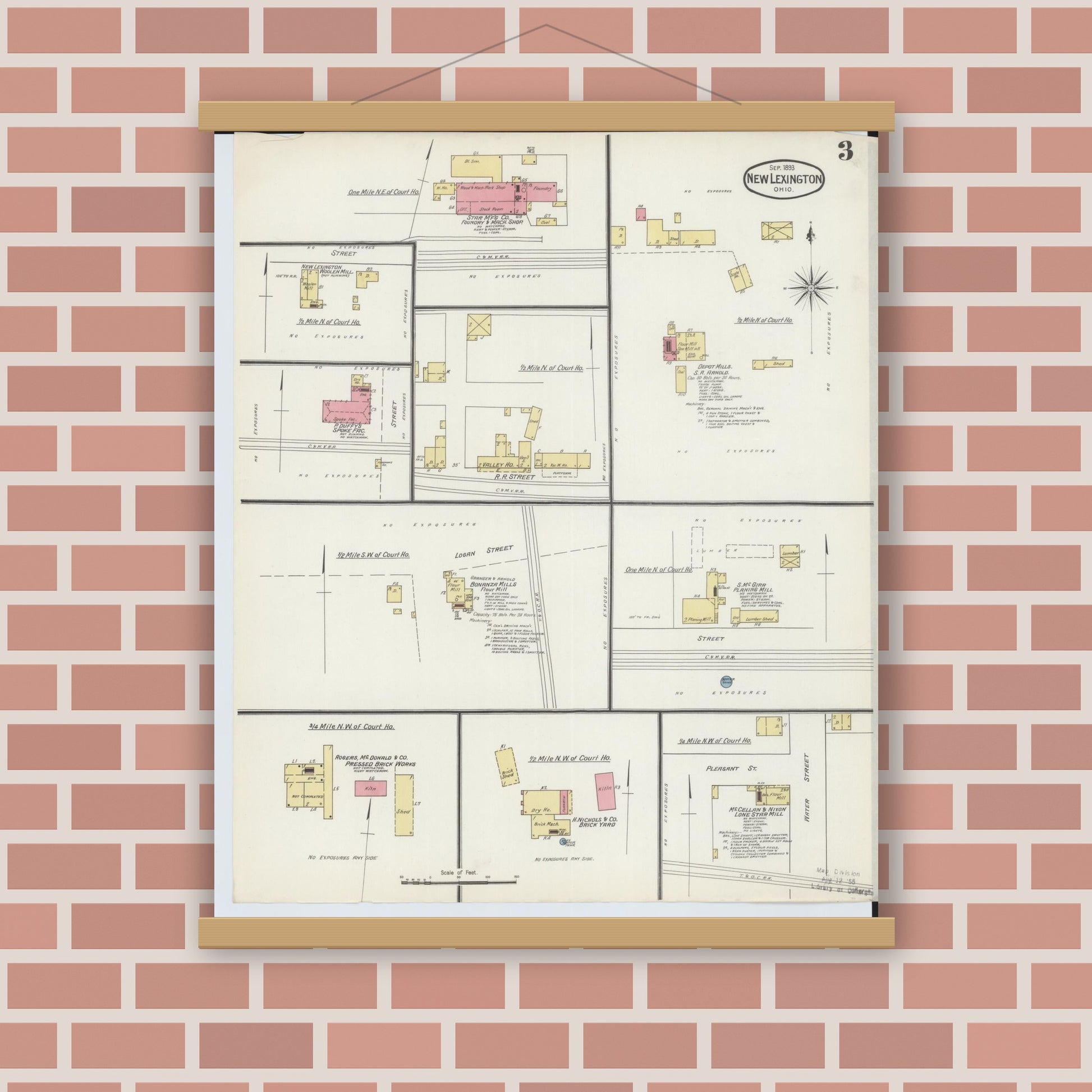 Old map wall art mockup — magnetic wood frame on brick wall — Sanborn Fire Insurance Map from New Lexington, Perry County, Ohio (1893), Sheet #0003
