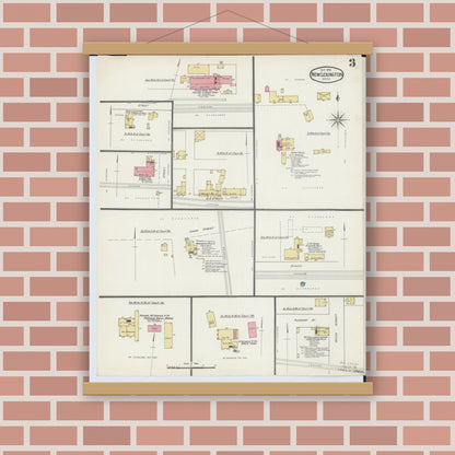 Old map wall art mockup — magnetic wood frame on brick wall — Sanborn Fire Insurance Map from New Lexington, Perry County, Ohio (1893), Sheet #0003