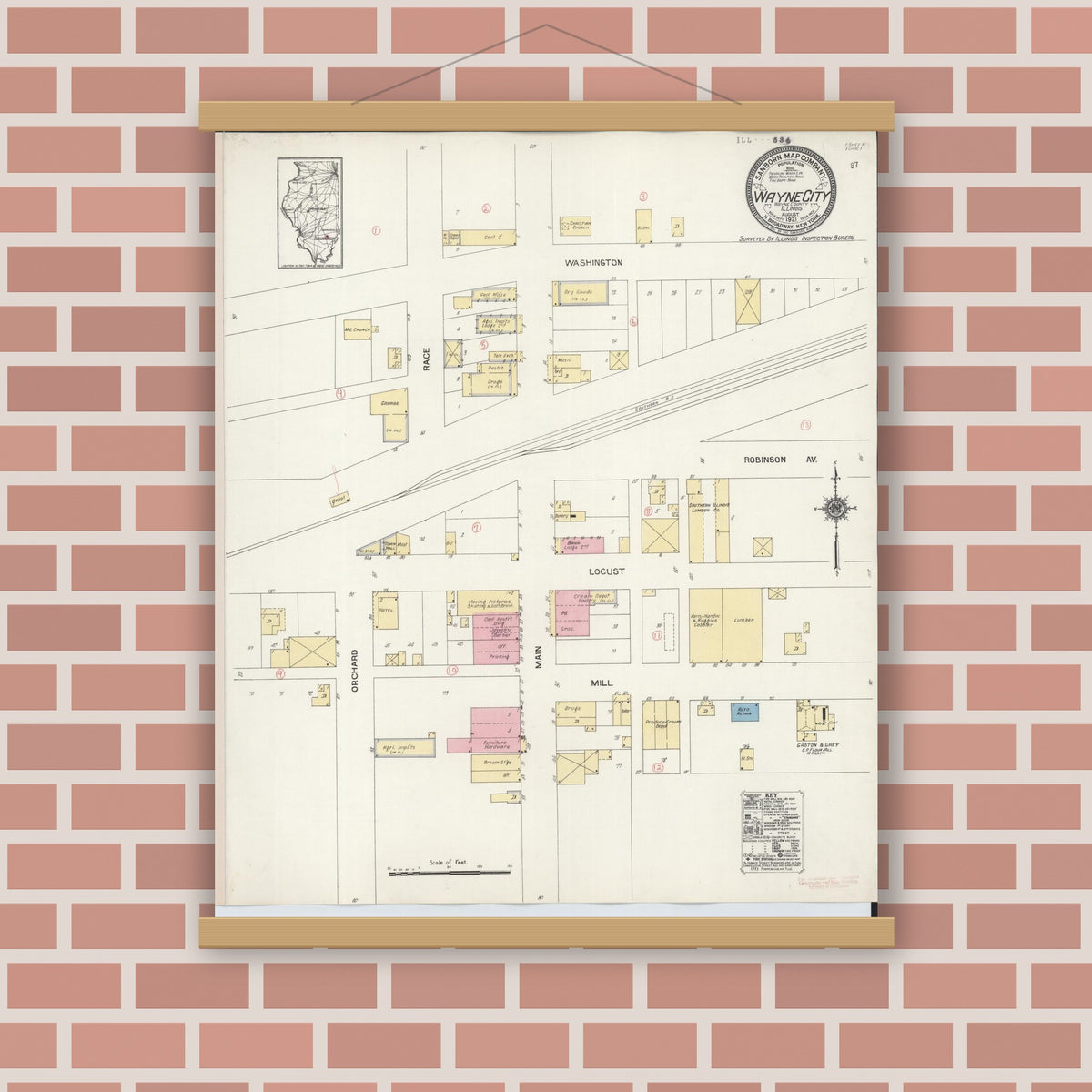 Old map wall art mockup — magnetic wood frame on brick wall — Sanborn Fire Insurance Map from Wayne City, Wayne County, Illinois (1921), Sheet #0001