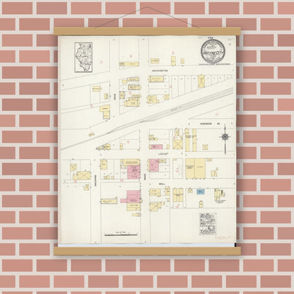 Old map wall art mockup — magnetic wood frame on brick wall — Sanborn Fire Insurance Map from Wayne City, Wayne County, Illinois (1921), Sheet #0001