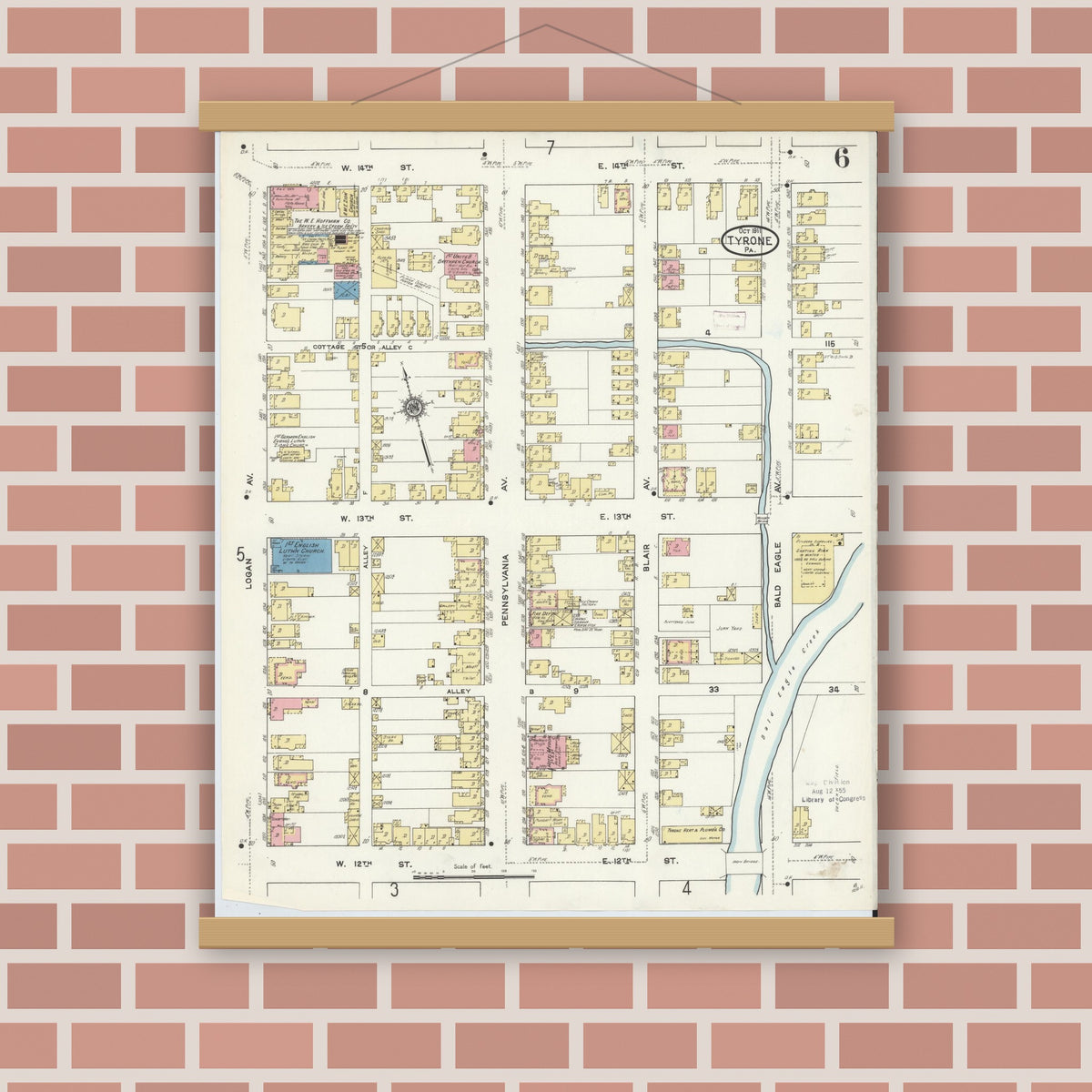 Old map wall art mockup — magnetic wood frame on brick wall — Sanborn Fire Insurance Map from Tyrone, Blair County, Pennsylvania (1911), Sheet #0006
