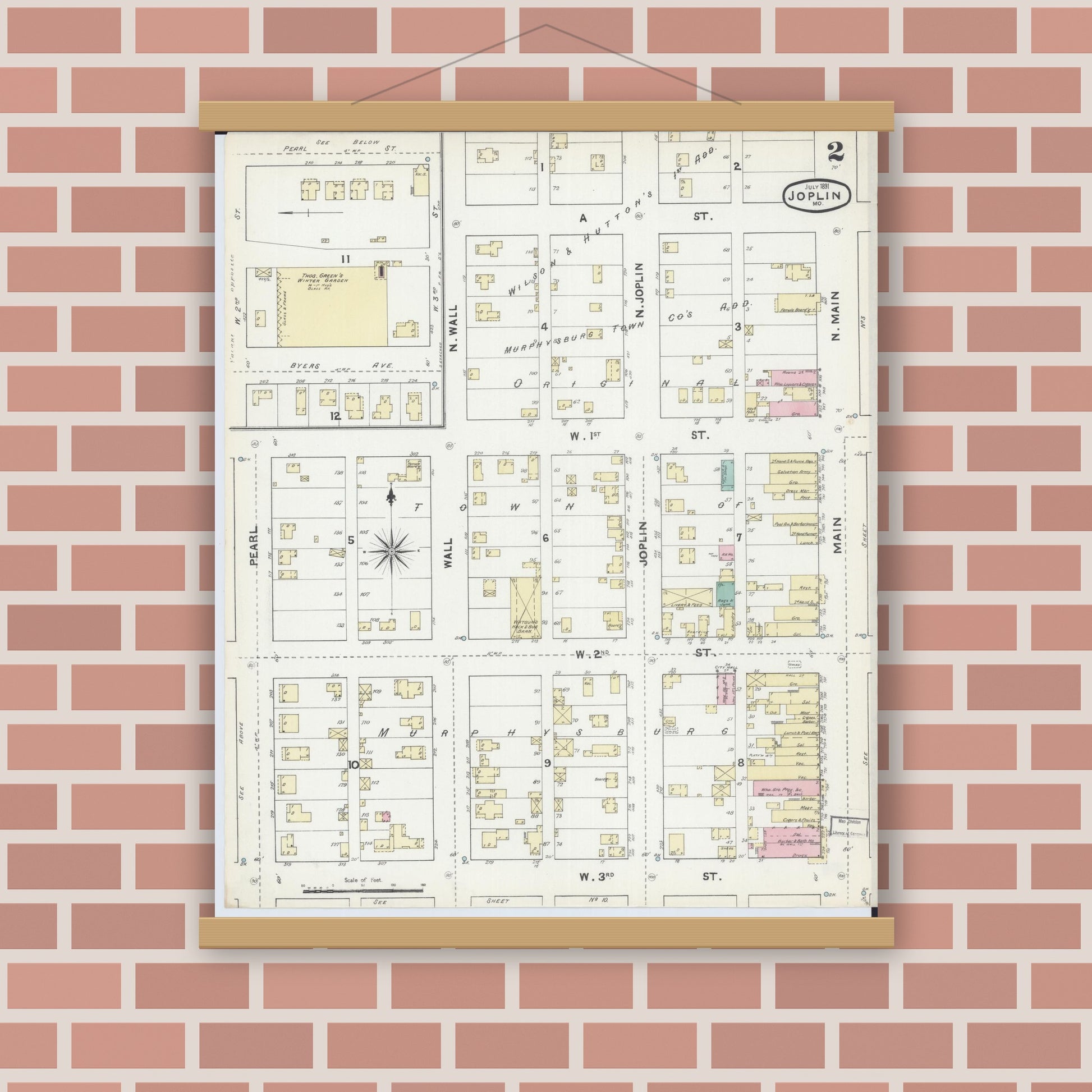 Old map wall art mockup — magnetic wood frame on brick wall — Sanborn Fire Insurance Map from Joplin, Jasper County, Missouri (1891), Sheet #0002