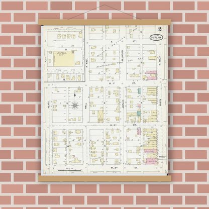 Old map wall art mockup — magnetic wood frame on brick wall — Sanborn Fire Insurance Map from Joplin, Jasper County, Missouri (1891), Sheet #0002