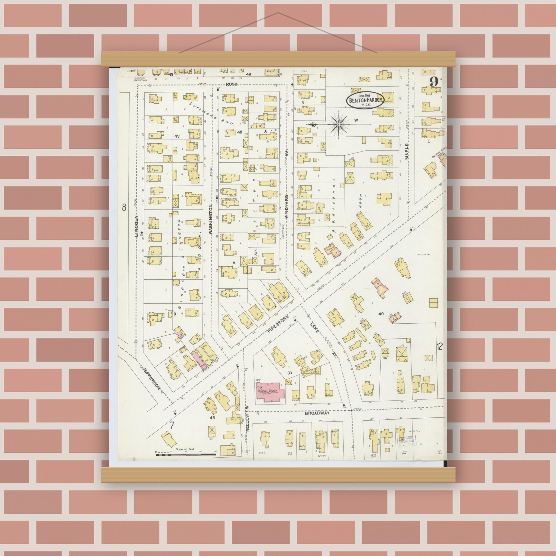 Old map wall art mockup — magnetic wood frame on brick wall — Sanborn Fire Insurance Map from Benton Harbor, Berrien County, Michigan (1905), Sheet #0009