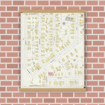 Old map wall art mockup — magnetic wood frame on brick wall — Sanborn Fire Insurance Map from Benton Harbor, Berrien County, Michigan (1905), Sheet #0009