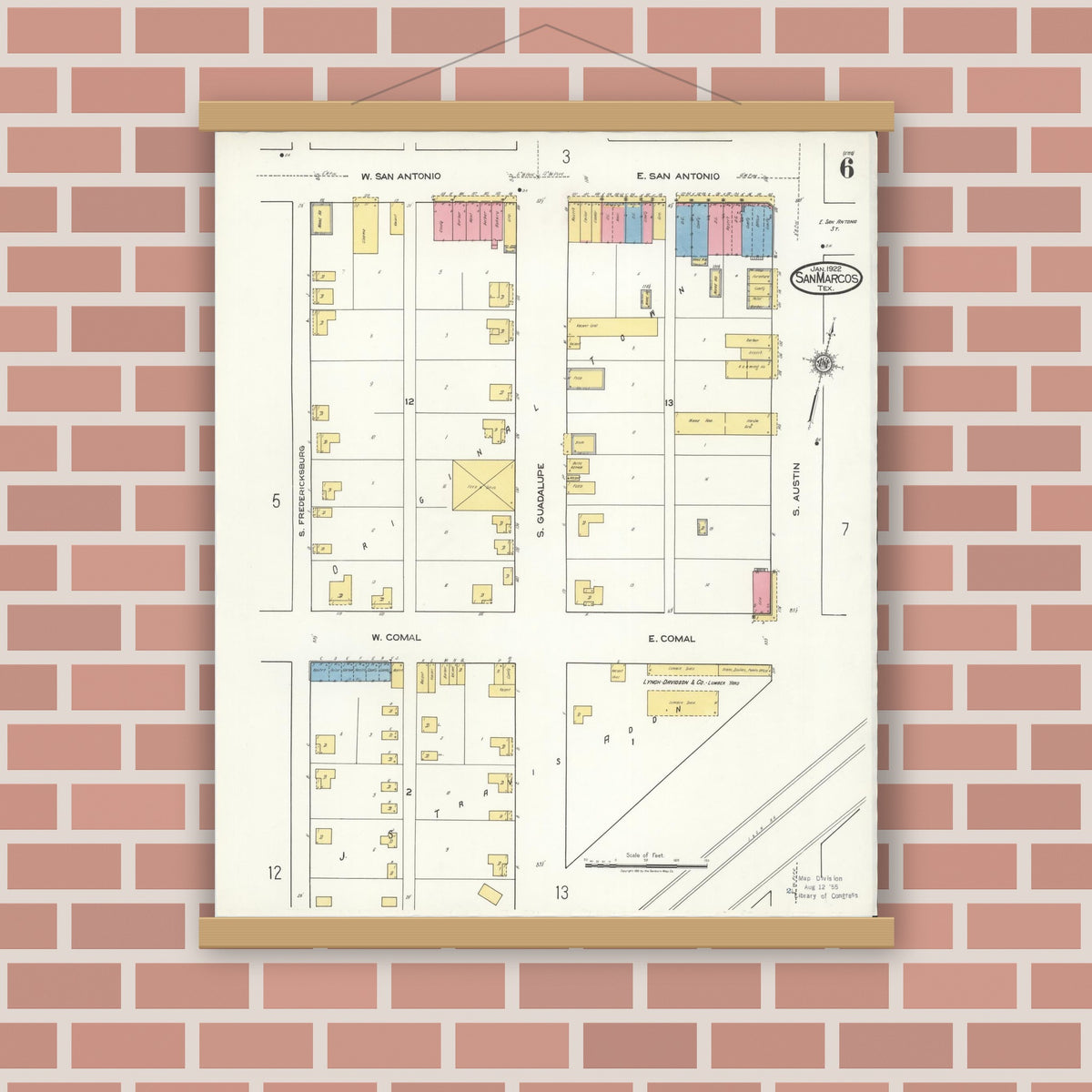 Old map wall art mockup — magnetic wood frame on brick wall — Sanborn Fire Insurance Map from San Marcos, Hays County, Texas (1922), Sheet #0006