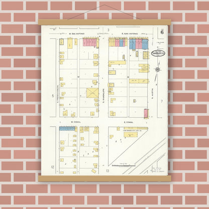 Old map wall art mockup — magnetic wood frame on brick wall — Sanborn Fire Insurance Map from San Marcos, Hays County, Texas (1922), Sheet #0006