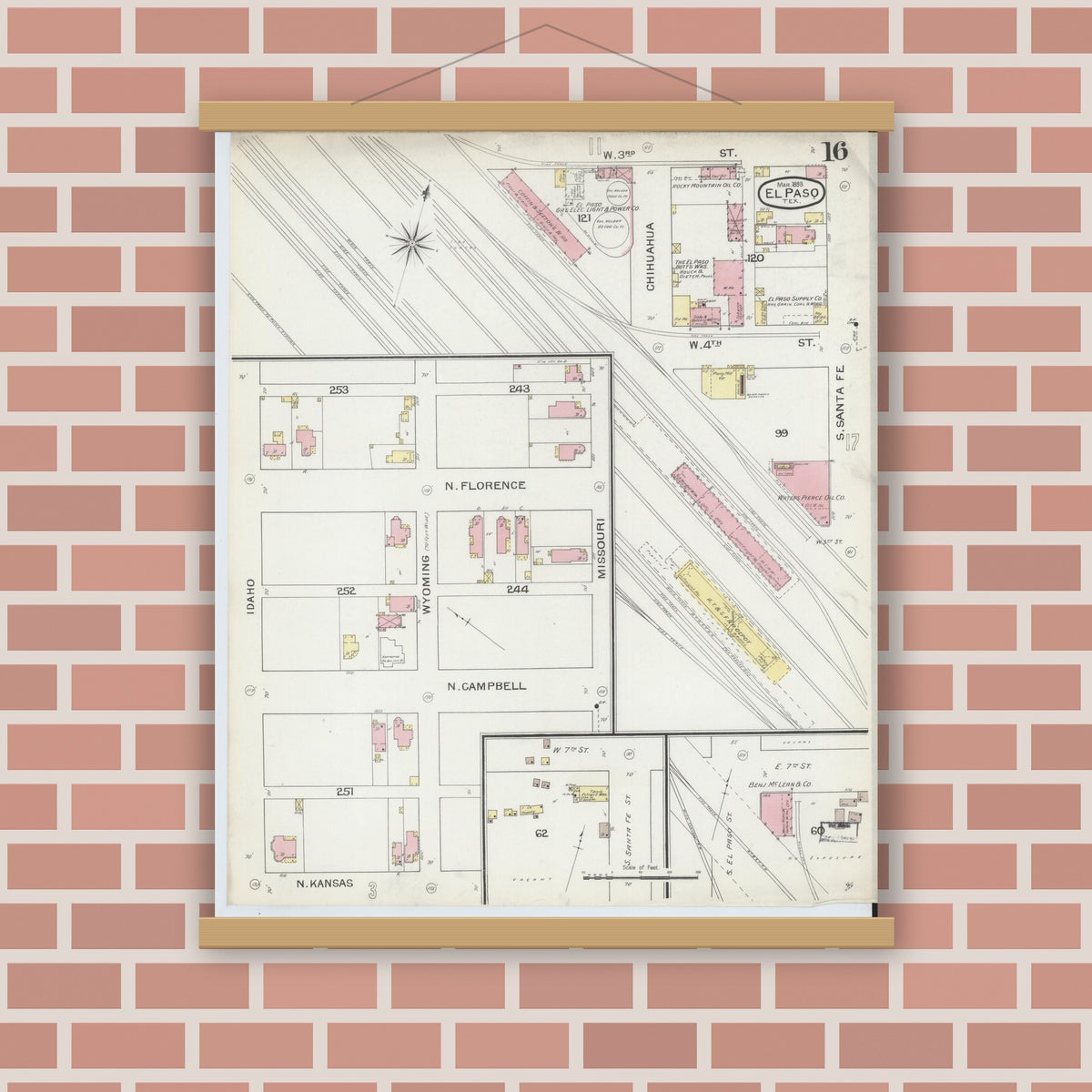 Old map wall art mockup — magnetic wood frame on brick wall — Sanborn Fire Insurance Map from El Paso, El Paso County, Texas (1893), Sheet #0016