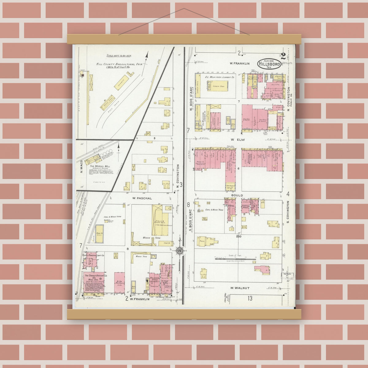Old map wall art mockup — magnetic wood frame on brick wall — Sanborn Fire Insurance Map from Hillsboro, Hill County, Texas (1918), Sheet #0002