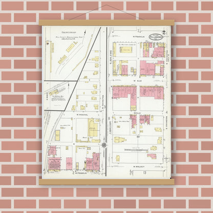 Old map wall art mockup — magnetic wood frame on brick wall — Sanborn Fire Insurance Map from Hillsboro, Hill County, Texas (1918), Sheet #0002
