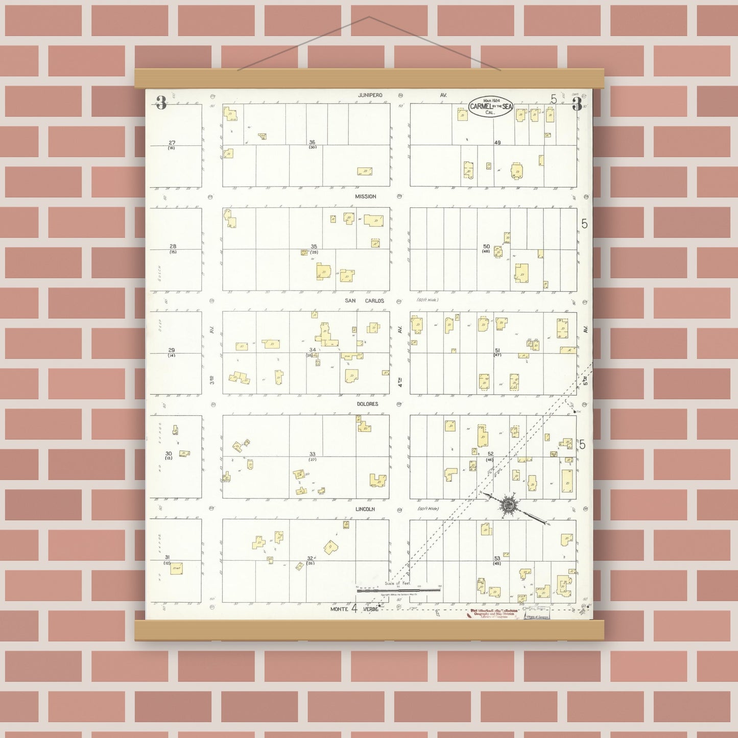 Old map wall art mockup — magnetic wood frame on brick wall — Sanborn Fire Insurance Map from Carmel By The Sea, Monterey County, California (1924), Sheet #0003