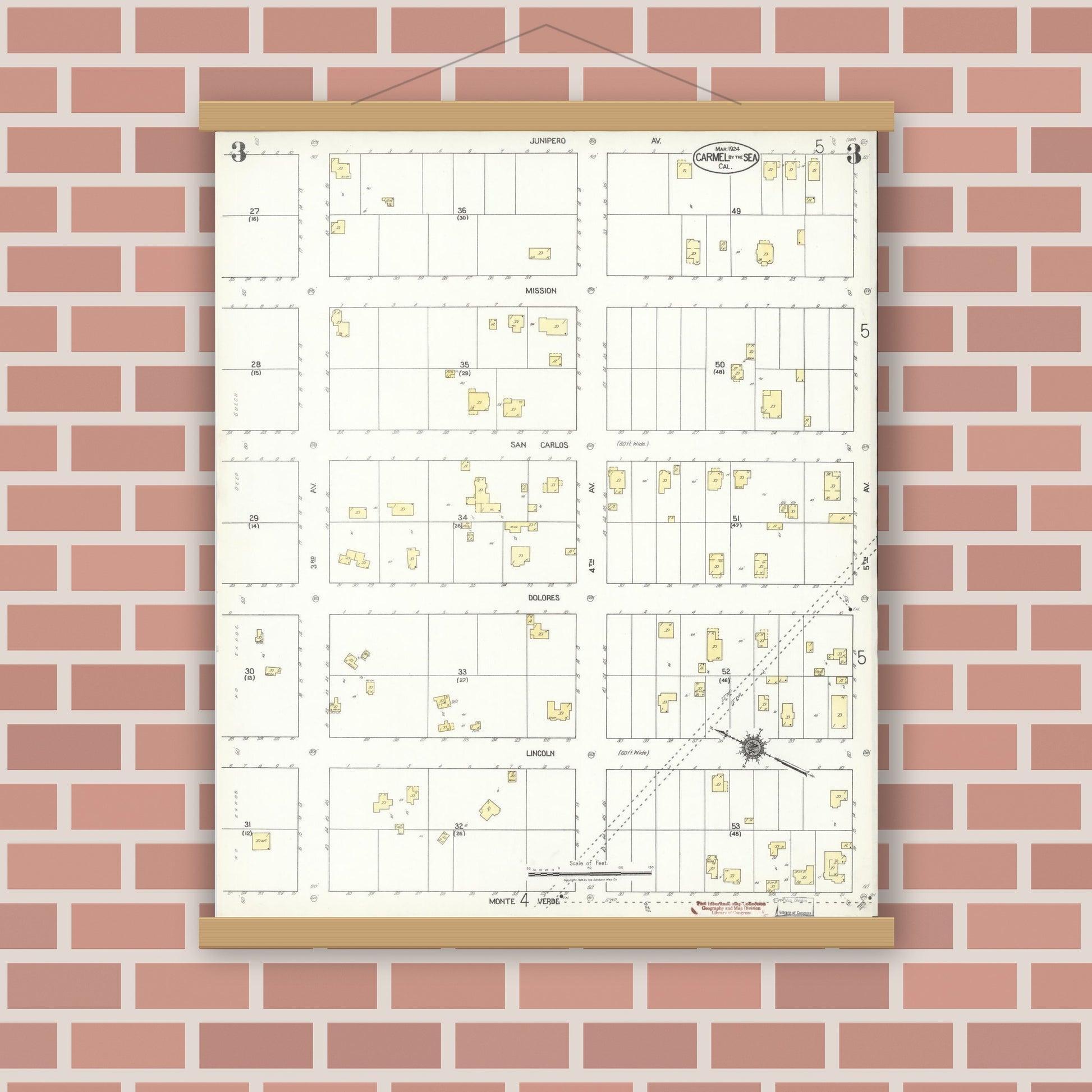Old map wall art mockup — magnetic wood frame on brick wall — Sanborn Fire Insurance Map from Carmel By The Sea, Monterey County, California (1924), Sheet #0003